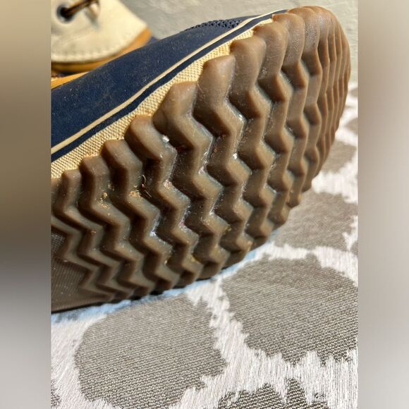 SOREL winter boots navy/tan, quilted, cozy snow/ rain winter boot. Size 8M-great - Picture 11 of 12